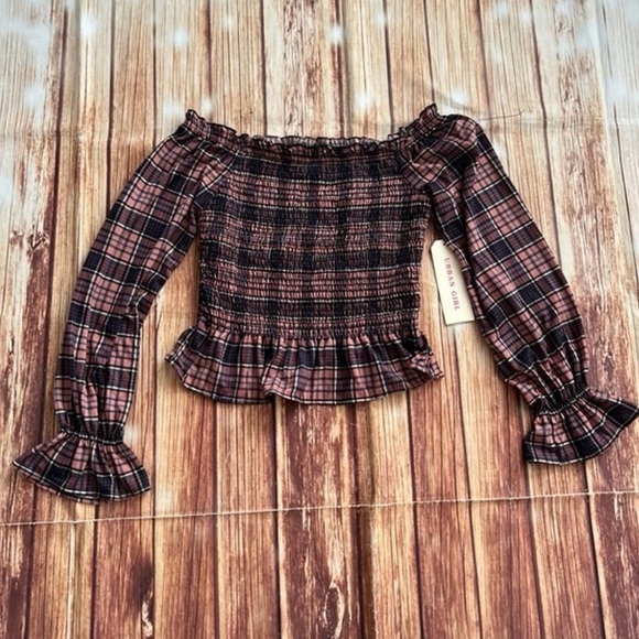 Urban Girl Women’s Plaid Smocked Off Shoulder Crop Top Boho Peplum Size Small - Picture 2 of 11